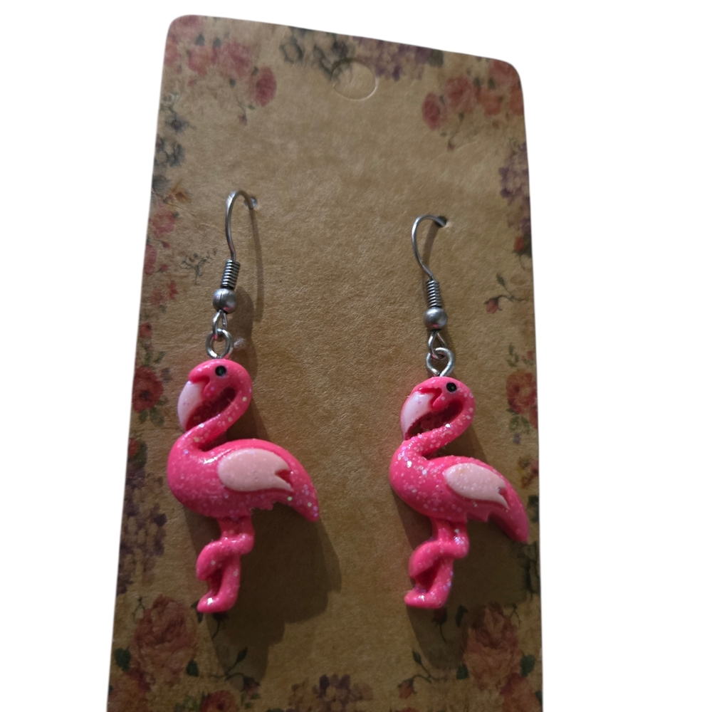 Cute Pink  Sparkly Flamingo Dangle Earrings